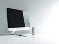 Sleek desktop setup Modern allinone computer with wireless keyboard minimalist mug. Perfect for showcasing technology, workspace