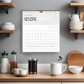 A sleek digital wall calendar with minimal design elements in a contemporary kitchen, showcasing Royalty Free Stock Photo
