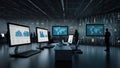 A sleek digital workspace with floating tablets, smartphones, and laptops
