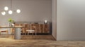Sleek dining area with wood details and modern lighting on neutral background. Design concept. Royalty Free Stock Photo