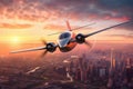 sleek electric airplane flying above a city skyline