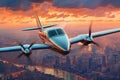 sleek electric airplane flying above a city skyline