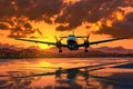 sleek electric airplane taking off during sunset