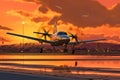 sleek electric airplane taking off during sunset