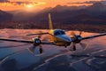 sleek electric airplane taking off during sunset