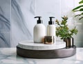 Elegant Marble White Round Podium for Bathroom Spa Products: Shampoo, Shower Gel, Liquid Royalty Free Stock Photo