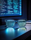 Sleek eyeglasses reflect code, merging vision with technology. A concept for innovation, cybersecurity, or the digital age. Ideal Royalty Free Stock Photo