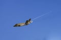 Sleek F-22 fighter jet soaring through a brilliant blue sky At Wittman Regional Airport