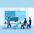 Collaborative Software Engineers Team in Modern Open Office, Flat Illustration, Cool Colors