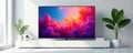 Sleek flat screen TV on minimalist white stand , tv, tv stand, technology