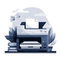 Contemporary flat vector illustration of an office printer with paper, books, and stylized elements. Royalty Free Stock Photo