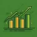 Flat vector bar chart with upward trend line on green background, symbolizing business growth. Royalty Free Stock Photo