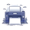 Modern office printer flat vector illustration with paper output and clouds on white background. Royalty Free Stock Photo