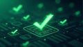 A sleek, floating checklist icon with green checkmarks, overlaying a semi-transparent matrix of digital data, symbolizing risk