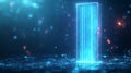 Sleek floating column chart with softly pulsing neon blue bars, set against a blurred futuristic background