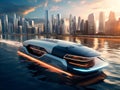 Silver Sentinel: Futuristic Boat in a Modern Cityscape Royalty Free Stock Photo