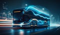 A sleek and futuristic bus with advanced lighting effects and glowing LED details