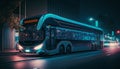 A sleek and futuristic bus with advanced lighting effects and glowing LED details