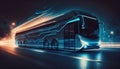 A sleek and futuristic bus with advanced lighting effects and glowing LED details