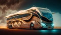 A sleek and futuristic bus with intricate golden details