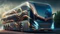 A sleek and futuristic bus with intricate golden details