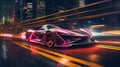 A sleek, futuristic car gliding through a bustling cityscape at night, illuminated by vibrant neon lights, AI generated Royalty Free Stock Photo