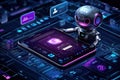 Futuristic chatbot interacting with an AI-powered mobile device in a digital environment