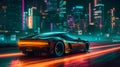 Sleek futuristic concept car from 80s driving down a neon-lit highway at night