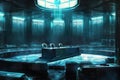 Futuristic Courtroom with Cryptocurrency Bribe Theme