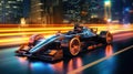 Sleek Futuristic Formula 1 Car Speeding Through City at Night.