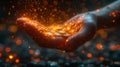 A sleek and futuristic infographic featuring a virtual hand holding an array of coins each representing a different