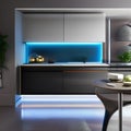 A sleek, futuristic kitchen with holographic countertops, smart appliances, and LED under-cabinet lighting2