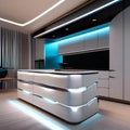 A sleek, futuristic kitchen with holographic countertops, smart appliances, and LED under-cabinet lighting4