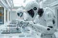 Futuristic laboratory with robot arms assembling microchips in a sci-fi environment Royalty Free Stock Photo