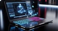 A sleek, futuristic laptop with a vibrant, dual-tone backlit keyboard, displaying complex data visualizations. Royalty Free Stock Photo