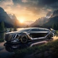 Sleek, Futuristic Limousine in a Serene Landscape