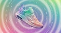 Sleek futuristic sneaker with holographic gradient background and digital circuit patterns Royalty Free Stock Photo