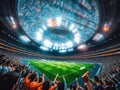 Futuristic cyber soccer with holographic crowds