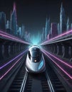 Sleek, futuristic train with a pointed nose design, traveling in a tunnel, Generative AI