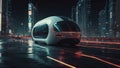 Sleek Futuristic Vehicle in Neon-Lit Cyberpunk Cityscape, Nighttime Urban Adventure