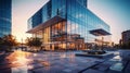 Sleek Glass-Walled Corporate Building in Golden Hour