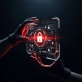Sleek gloved hands, cropped at wrist, dramatically secure a complex, high-contrast holographic cybersecurity interface with red an Royalty Free Stock Photo