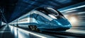 Sleek high speed train racing along the tracks with incredible velocity and efficiency