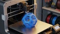 Modern 3D printer creating intricate blue geometric sphere in workshop Royalty Free Stock Photo