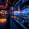 Futuristic digital interface with glowing data screens on public transportation