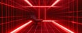 A sleek, high-tech red room with sharp, angular walls, digital grids, and pulsing red light strips
