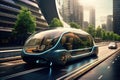 A sleek, high-tech vehicle zips past towering buildings on a bustling city avenue, Solar powered automobiles in a traffic-less