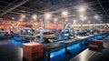 Sleek, high tech warehouse with robotic arms, ambient led lights, and digital displays