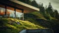 Contemporary Glass House With Mountain View And Atmospheric Lighting Royalty Free Stock Photo