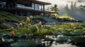 Luxurious House With Pond And Red Lotuses: A Whistlerian Rendering
